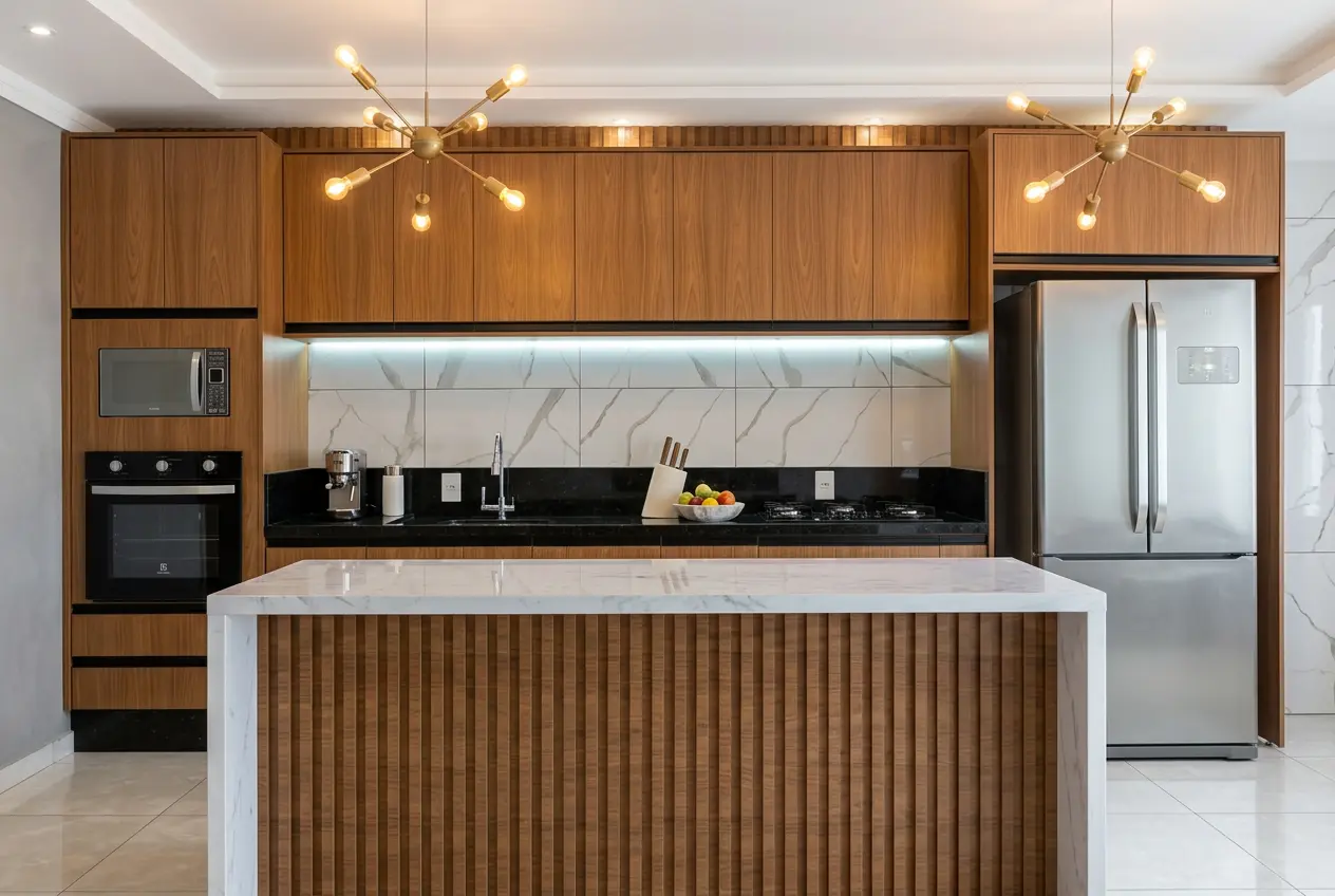 Cozinha moderna em madeira e mármore com ilha central ripada - Planned