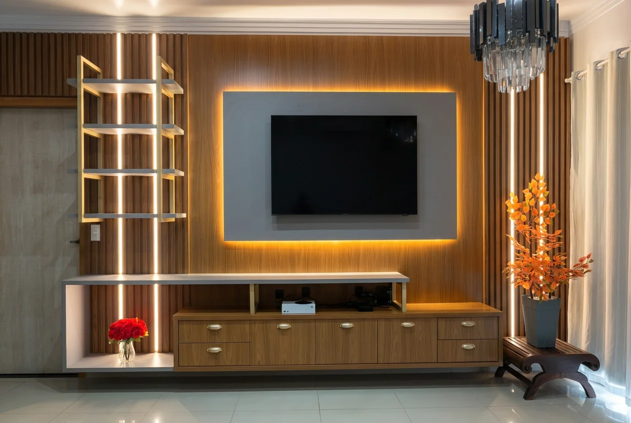 Home theater planejado amadeirado com iluminação embutida e nichos laterais